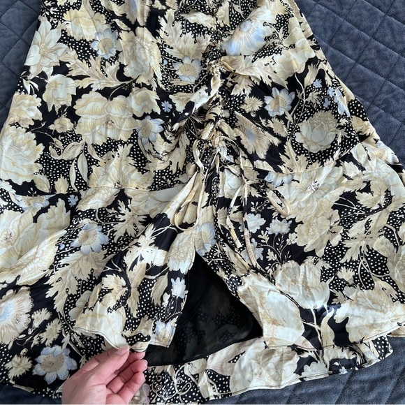 Rebecca Taylor Dress Women Size 10 Silk Gold Leaf Scrunched Tie Mini Ruched T - Picture 9 of 11